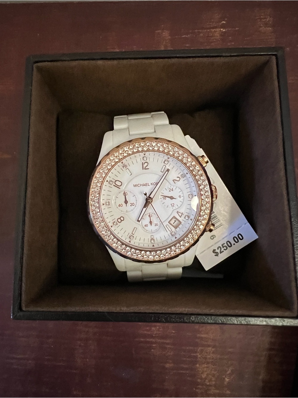 Michael Kors White and Rose Gold Crystal Chronograph Bracelet Watch